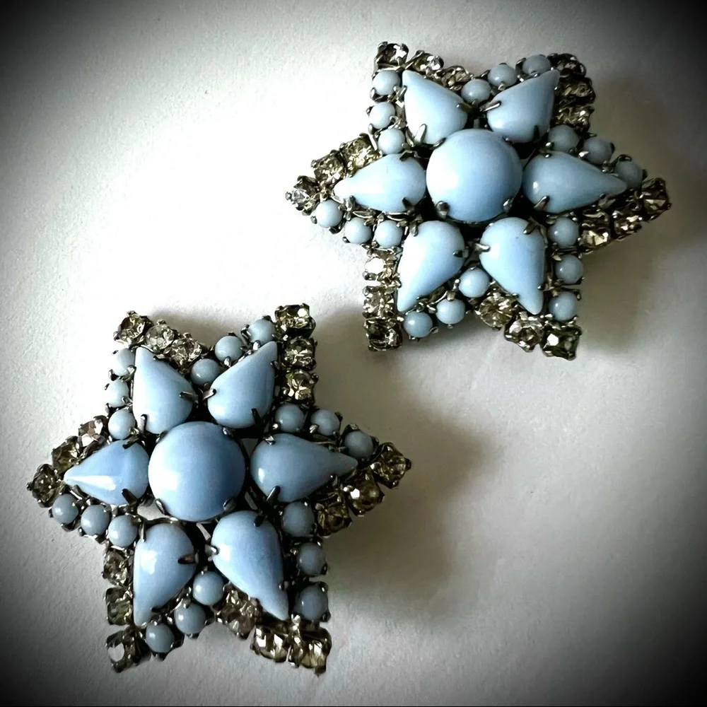 Vintage Designer LaRel Rhinestone Earrings Baby Blue Milk Glass Stars Ear Clips